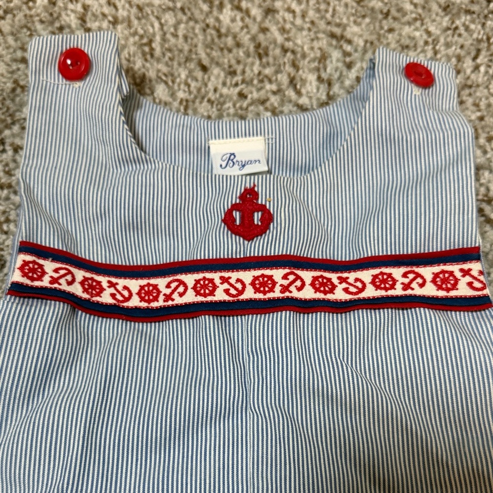 Bryan Vintage Infant Blue & White Pinstripe Bubble Romper w/ Nautical Embroidery - Picture 2 of 6